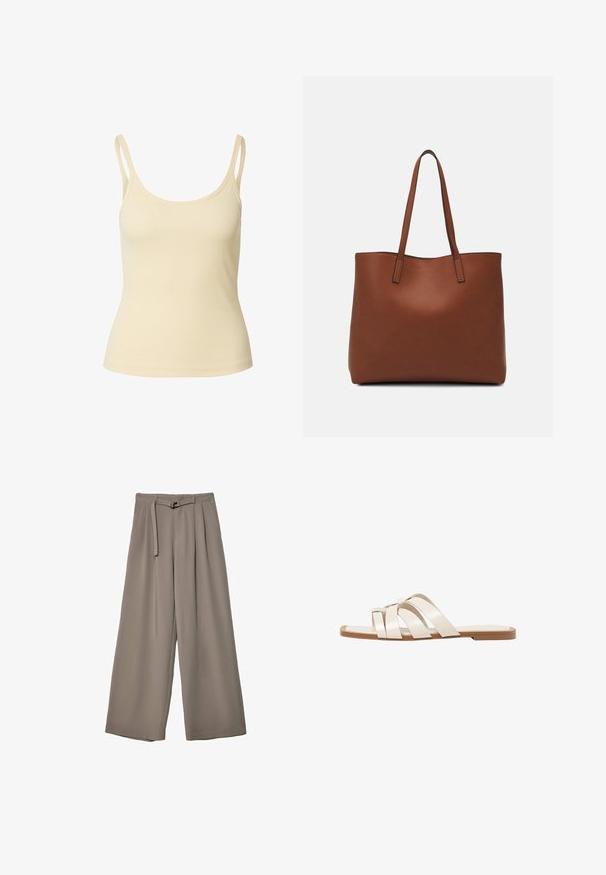 Hellbeige, geripptes Tanktop mit dünnen Trägern und Rundhalsausschnitt, das eine figurbetonte Silhouette und eine glatte Textur aufweist.; Weite Hose aus einem weichen, gedämpften grauen Stoff, mit einem taillierten Bund und Falten für zusätzliche Design-Details. Glatte Textur, keine Muster.; Flache Sandalen mit einer honigfarbenen Gummisohle, gestaltet mit drei überlappenden weißen Lederriemen und einem kleinen Schleifendetail in der Mitte.; Braune Leder-Tote mit glatter Textur, offenem Oberteil und zwei Schulterriemen. Verfügt über minimale Nähte und keine sichtbaren Beschläge.