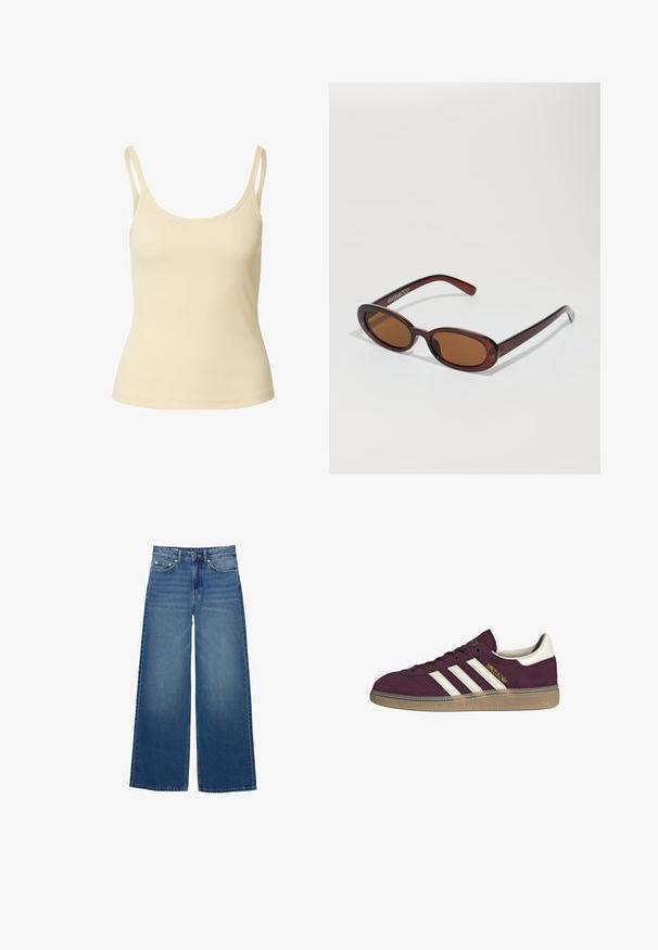 Hellbeige, geripptes Tanktop mit dünnen Trägern und Rundhalsausschnitt, das eine figurbetonte Silhouette und eine glatte Textur aufweist.; Weite blaue Jeans aus Denim, mit hoher Taille, genähten Akzenten und einem schlichten Design mit leichtem Verblassungseffekt.; Bordeauxfarbene Wildledersneaker mit weißen drei Streifen und beigen Akzenten. Verfügt über eine strukturierte Gummisohle und goldene Markenlogo auf der Seite.; Runde, braun getönte Sonnenbrillen mit einem glänzenden burgunderfarbenen Rahmen. Schlanke Bügel mit dezentem Branding. Flaches Linsendesign.; Braune, geflochtene Lederhandtasche mit einer lässigen, dreieckigen Form. Verfügt über einen geflochtenen Griff und einen Reißverschluss an der Oberseite.