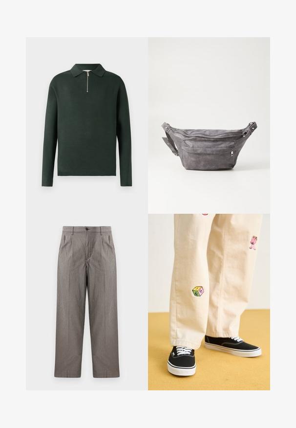 Σκούρο πράσινο πόλο μπλουζάκι με μακριά μανίκια, γιακά και μισό φερμουάρ μπροστά. Κατασκευασμένο από μαλακό υλικό με λεία υφή.; Γκρι παντελόνι με σχέδιο καρό, σε ίσια γραμμή, με πτυχές, ζώνη με κούμπωμα και πλευρικές τσέπες.; Μπεζ βαμβακερό παντελόνι με παιχνιδιάρικες κεντημένες δημιουργίες, που περιλαμβάνουν έναν ροζ χαρακτήρα και πολύχρωμο μπλοκ, ταιριασμένο με μαύρα sneakers με κορδόνια.; Γκρίζα σουέτ τσάντα μέσης με στρογγυλή μορφή, δύο φερμουάρ και ρυθμιζόμενο λουρί. Διαθέτει μεταλλικά αξεσουάρ.