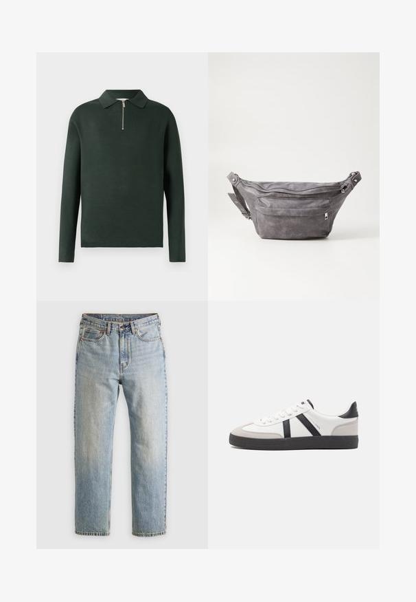 Temno zelena dolga majica s polo ovratnikom in pol-zadrgo spredaj. Narejena je iz mehke tkanine z gladko teksturo.; Svetlo modri džins hlače z visokim pasom, sprednjim gumbom, zadrgo in petimi žepi, laid flat na nevtralni podlagi.; Bela športna obutev z črnimi in sivo akcenti, z teksturirano sivo kapico za prste, črnim gumijastim podplatom in ravnimi belimi vezalkami. Čista zasnova, minimalistični slog.; Sivkasta zamšasta torbica s okroglo obliko, dvema žepoma na zadrgo in nastavljivim trakom. Ima kovinske dodatke.
