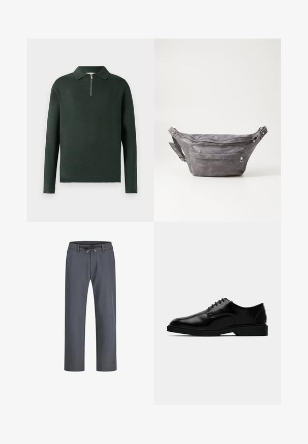 Tumši zaļš polo krekls ar garām piedurknēm, apkakli un pusē ieplīsu priekšu. Izgatavots no mīksta materiāla ar gludu tekstūru.; Pelēkas, elastīgas jostas bikses ar auklu. Taisna kāju dizains, pagatavots no gludas auduma, ar minimālu šuvju skaitu un bez redzamām detaļām.; Melnas ādas kleita kurpes ar gludu apdari, noapaļotu pirkstu, aukliņu dizainu un nepiespiestu gumijas zoli labākai saķerei.; Pelēks zamšādas jostas somiņa ar noapaļotu formu, divām kabatām ar rāvējslēdzējiem un regulējamu siksnu. Iekļauj metāla aksesuārus.