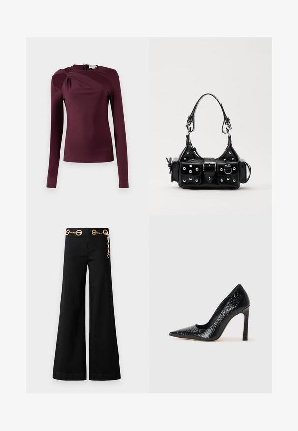Ilgas rankovėmis marškinėliai giliu burbuliniu atspalviu, su sukta dizaino detale ant peties ir užtrauktuku nugaroje. Lygi, elastinga medžiaga, prigludusi forma.; Juodi plačiakojai kelnės, pagamintos iš medvilnės, su auksiniais apvaliais aksesuarais ir grandinės detale ant juosmens. Lygi tekstūra, švarus pjūvis.; Juoda smailiakulnė aukšto kulno bateliai su krokodilo odos tekstūra, pasižymintys elegantišku dizainu, aukštu stiletu kulnu ir lygia juoda vidine dalimi.; Juodas odinis rankinukas su kreiviu dizainu, su sidabro spalvos knopkėmis, užsegimu ir dviem šoninėmis kišenėmis. Reguliuojama dirželis nešimui.