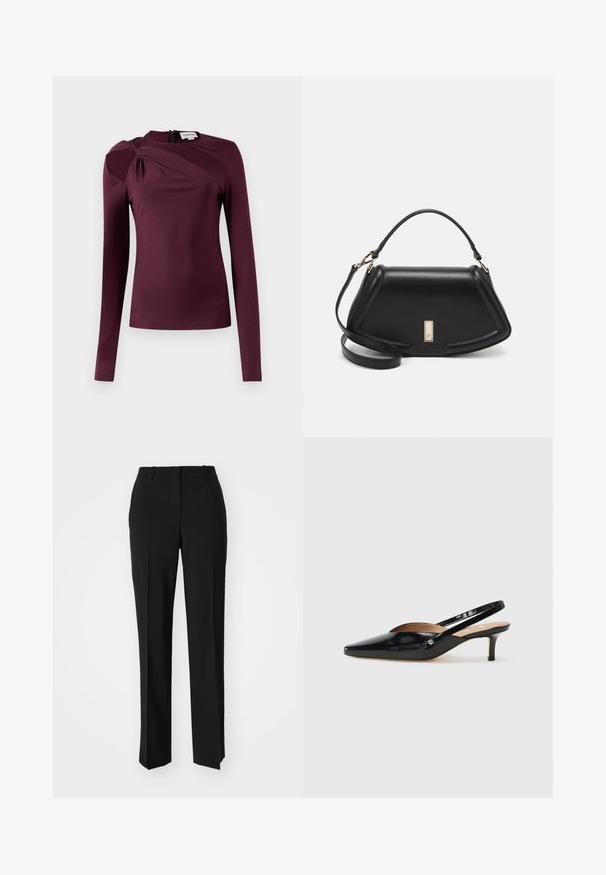 Long-sleeve top in deep burgundy, featuring a twisted design on the shoulder and a back zip closure. Smooth, stretch fabric with a fitted shape.; Black tailored trousers with a straight-leg design, featuring a smooth texture and crisp creases along the front. No visible hardware.; Black patent leather slingback pump with a pointed toe, small heel, and a cutout design on the vamp. Gold-tone hardware accent on the side.; Black leather handbag with a structured design, featuring a cropped shape, top handle, and gold hardware accent. Adjustable shoulder strap included.