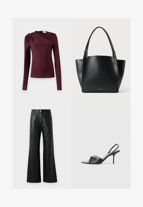 Langærmet top i dyb burgundy med et tvistet design på skulderen og en lynlås i ryggen. Glat, strækbart stof med en tætsiddende pasform.; Sorte læder bukser med bred ben, frontlommer og knaplukning. Materialet er glat med en let glans og synlige sømdetaljer.; Sorte læder slingback stilethæle med spidse tæer, tynd ankelrem og stilettohæle. Har en knyttet detalje på vamps.; Sort læder tote taske med et geometrisk design, udstyret med to håndtag og gyldent brand på forsiden. Glat tekstur og struktureret form.
