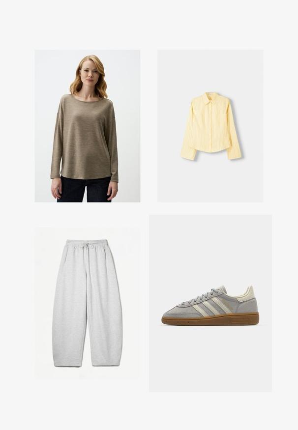 Długi rękaw, miękka beżowa bluzka z okrągłym dekoltem i luźnym krojem. Gładka faktura i minimalne detale szwów, w połączeniu z ciemnymi dżinsami.; Żółta koszula w paski z długimi rękawami, z ostrym kołnierzykiem i zapięciem na guziki z przodu. Posiada pionowe niebieskie paski i dopasowany krój.; Jasnoszare dresy o luźnym kroju, z elastycznym pasem, sznurkiem i bocznymi kieszeniami; wykonane z miękkiego, teksturowanego materiału.; Szare zamszowe trampki z jasnoszarymi skórzanymi paskami i gumową podeszwą. Wśród cech znajduje się zapięcie na sznurowadła oraz subtelna marka na języku.