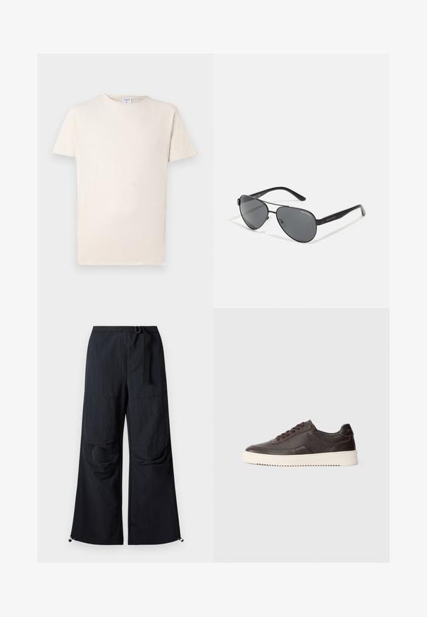 Rövid ujjú bézs póló, puha pamutból készült, kerek nyakkivágással és laza szabással. Finom textúra minimális részletezéssel.; Fekete, bő szárú nadrág, könnyű anyagból készülve, övvel a deréknál, elülső zsebekkel és állítható szárakkal, amelyeken togglek találhatók.; Sötétbarna bőr tornacipők textúrált felülettel, kerek orral és kontrasztos krémszínű gumitalppal. Fűzővel és diszkrét varrási részletekkel rendelkezik.; Fekete pilóta napszemüveg sötét lencsékkel, vékony fém kerettel és karcsú műanyag karokkal, melyeken logó díszítések találhatók.