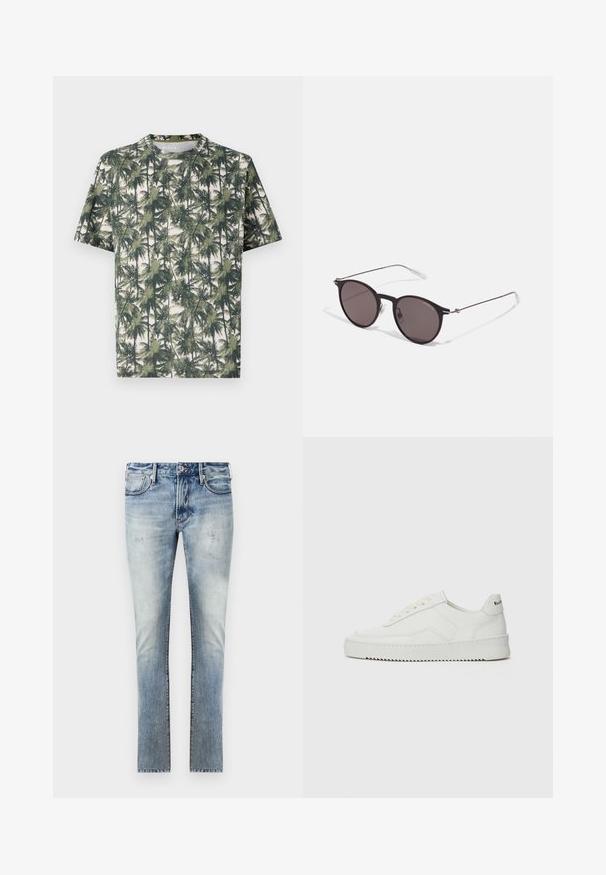 Lühikeste varrukatega T-särk pehmest kangast, millel on palmipuude print. Peamised värvid on roheline ja beež, lõige on vabalt langev ning kaelus on ümara kujuga.; Heledad sinine teksapüksid, mis on kulunud viimistlusega, kitsas lõige, viis taskut ja kontrastõmblused õmblustes.; Valge nahast tennis, millel on sile põhi, ümar varvas, lamedad nöörid ja tekstuuriline tall. Sisaldab diskreetset logo kontsaribal.; Mustad mustad prillid tumedate läätsedega ja õhukeste metallist käepidemetega. Kaarja kujuga seljaosa ja hõbedased aktsendid hingel. Minimalistlik disain.