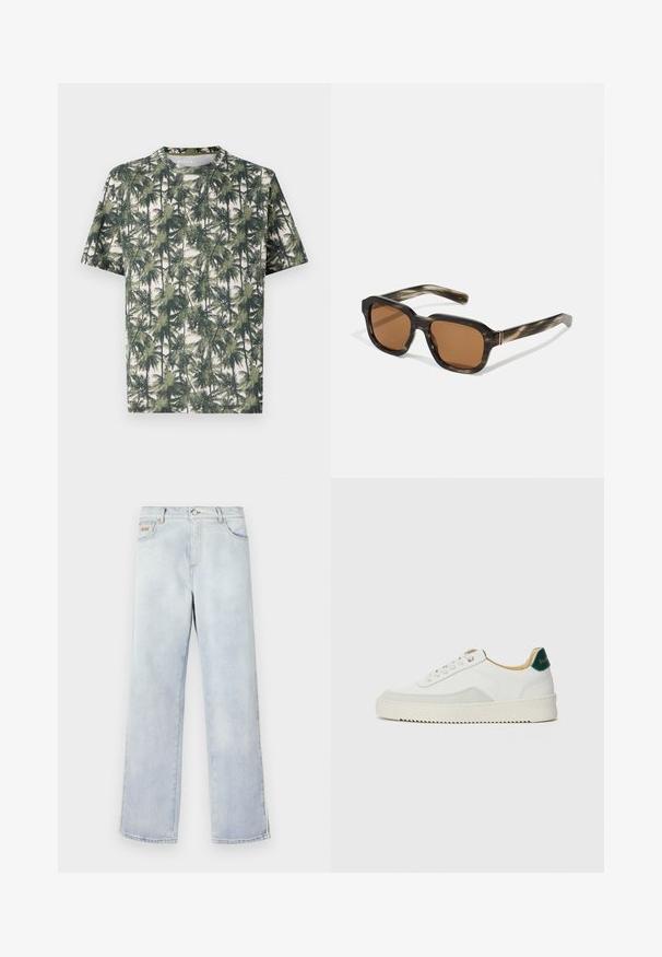 Trumpas rankovėmis marškinėliai iš minkštos medžiagos su delno medžio atspaudu. Dominuojančios spalvos yra žalia ir béžinė, su laisvu kirpimu ir apvaliu kaklu.; Šviesiai mėlynos džinsinės kelnės su tiesia kojų forma, pasižyminčios mygtuko uždarymu, penkiais kišenėmis ir kontrastine siūle.; Baltos sportbačiai su zomšos akcentais, apvaliu nosiu, plokščiais raišteliais ir kreminės spalvos guminiu padu. Ant kulno yra žalia ženklinimo detalė.; Plastikiniai saulės akiniai su šelkės raštu, aštuonkampiais rudais lęšiais ir plonais auksiniais akcentais ant rėmo.