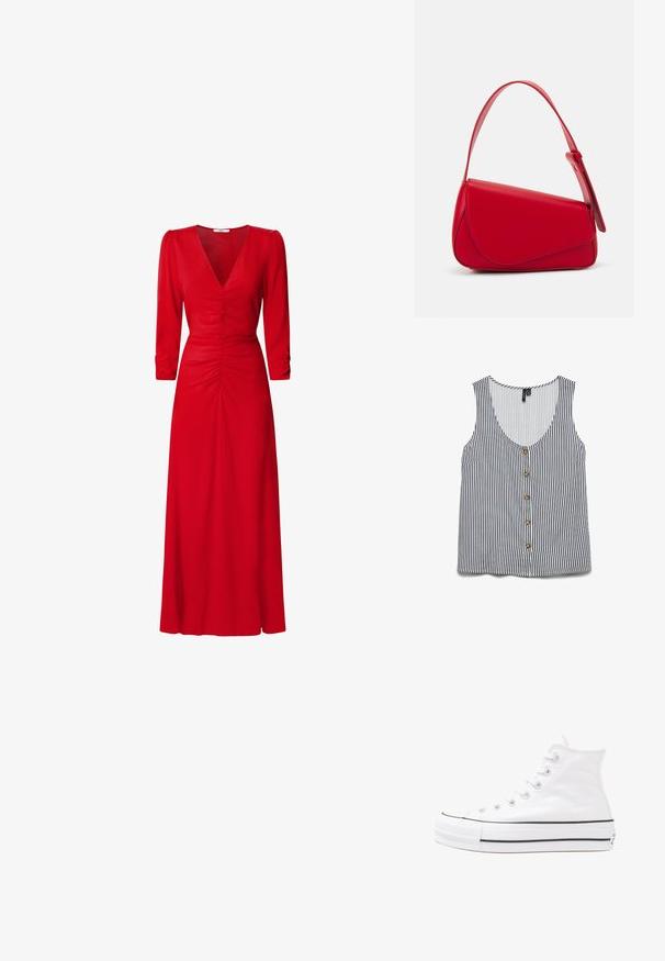 Bežėnės juostuotos maikutės be rankovių balta ir mėlyna spalvomis. Yra gilus V formos iškirpimas, mygtukų priekis ir kairysis kišenė. Lygus audinio paviršius.; Raudona suknelė su V formos iškirpte, trimis ketvirtadaliais rankovėmis ir susiraukšlėjimo detalėmis juosmens ir nugaros srityse. Audinys atrodo lygus ir lengvas.; Balti aukštakulniai drobės sportbačiai su juodu guminio pado, priekinio guminio piršto dangteliu ir šešiais akytėmis raištams, pasižymintys švariu, minimalistiniu dizainu.; Raudona odinė rankinė su kampuota, geometrine forma. Pasižymi viena reguliuojama dirželiu ir dangteliu su siuvinėtais dekoracijomis.