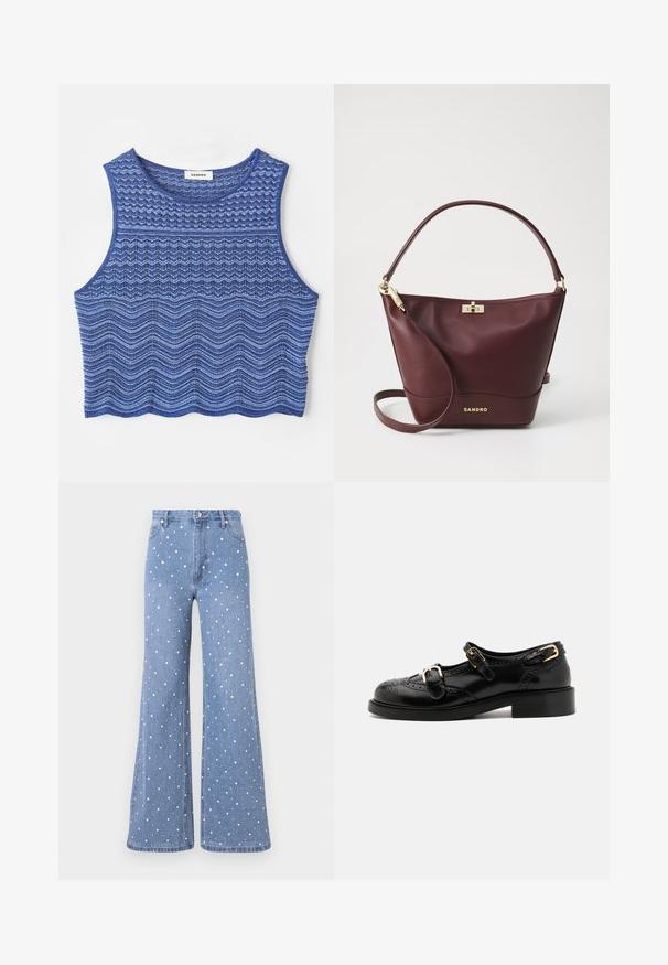 Lyhyt tank top sinisen sävyissä, jossa on tekstuurilliset sahalaitakuviot ja aaltoasetelmat, pyöreä pääntie ja viimeistelty helma.; Vaaleansiniset levenevät farkut, joissa on valkoisia ja hopeisia niittejä muodostava pilkkukuosi, tavallinen vyötärö ja etupainike.; Musta nahkakengät brogue-yksityiskohdilla, joissa on kaksi solkea, pyöristetty kärki ja matala korko. Sileä pinta kiiltävällä viimeistelyllä.; Burgundy nahka käsilaukku, jossa on jämäkkä muoto, tasainen pohja, pyöristetty kahva ja kultaiset yksityiskohdat, jotka sisältävät lukituksen ja logotiedot.