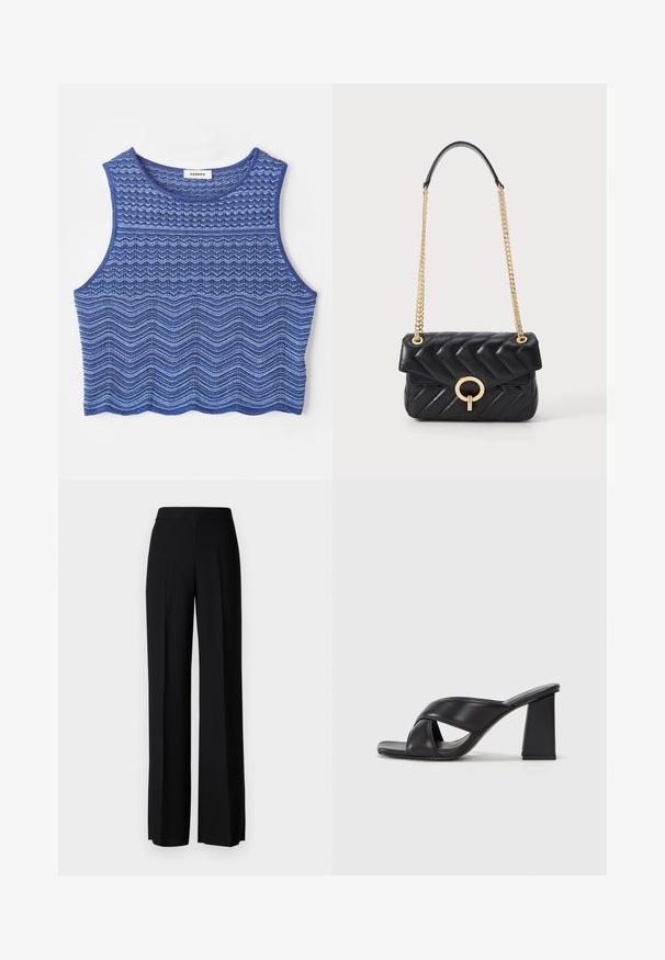 Kivágott trikó kék árnyalatokban, textúrált cikk-cakk és hullám mintákkal, kerek nyakkivágással és befejezett szegéllyel.; Fekete, széles szárú nadrág sima tapintással, magas derékkal és középen pliszével. Nincsenek látható minták vagy fém részletek.; MAX&Co. SOHO - Magas sarkú szandálok - schwarz; Fekete steppelt bőr kézitáska arany lánccal, lekerekített arany fémzárral és fedélzárral. Kompakt téglalap alakú.
