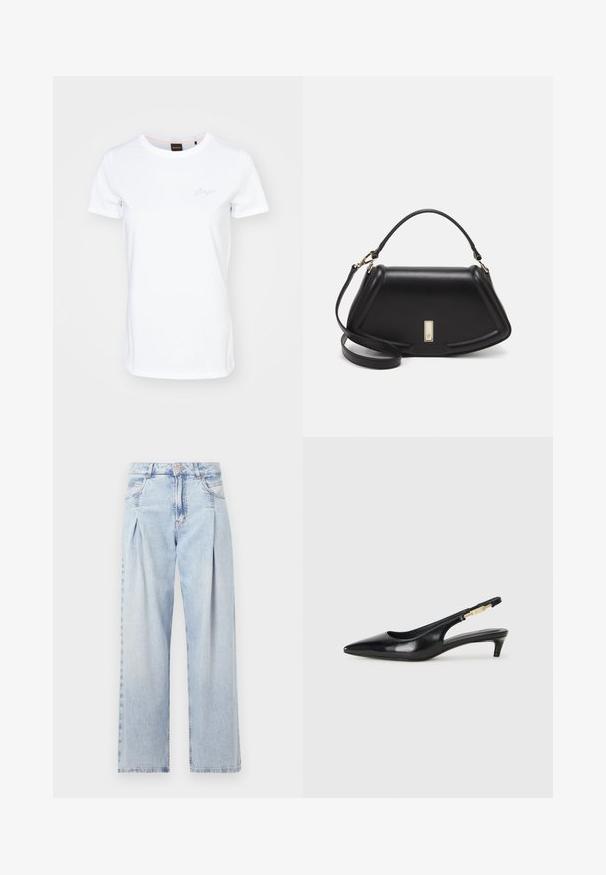 Balta īsām piedurknēm T-kreklā no kokvilnas. Tam ir apaļa kakla izgriezuma forma un neliels izšuvums uz krūšu daļas. Gluda tekstūra.; Gaiši zilas džinsu bikses ar augstu jostasvietu, plats kāju griezumu, divām sānu kabatām un krokotā dizaina akcentiem. Mīksta tekstūra ar izdilušu apdari.; Melnas ādas slingback zābaki ar smailu purngalu, ar šauru papēdi un zelta krāsas akcentu uz regulējama siksniņas. Gluda tekstūra.; Melnas ādas roku soma ar struktūru, ar īsu formu, augšējo rokturi un zelta aksesuāriem. Iekļauta regulējama plecu siksna.