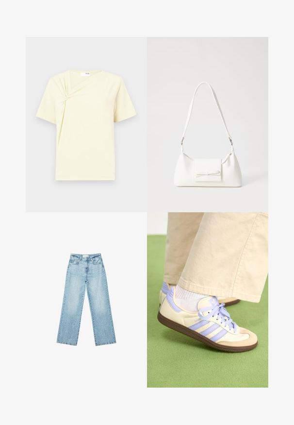 T-shirt giallo a maniche corte con dettaglio nodoso sul davanti, tessuto morbido e vestibilità rilassata, caratterizzato da un design asimmetrico.; Jeans larghi in denim blu chiaro a vita alta, caratterizzati da un lavaggio sbiadito e da piccoli dettagli strappati sparsi.; Sneakers crema e lavanda con tre strisce e suola marrone texturizzata, dotati di lacci e tallone imbottito. Parte superiore in tessuto morbido.; Borsa sintetica bianca a forma triangolare, con patta anteriore piatta e dettaglio a fiocco, tracolla regolabile, texture liscia e design minimalista.