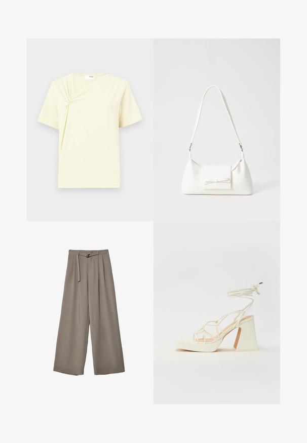 Korte mouwen gele T-shirt met een gedraaide knoopdetail op de voorkant, zacht materiaal en een relaxte pasvorm, met een asymmetrisch ontwerp.; Wijd nietenbroeken van een zachte, gedempte grijze stof, met een ceintuur in de taille en plooien voor extra ontwerpelementen. Gladde textuur, geen patronen.; Witte hoge hakken sandaal met een chunky hak, met een bandjesontwerp en enkelband. Gladde textuur met een plateau voor extra hoogte.; Witte synthetische handtas met een driehoekige vorm, platte voorklep en strikdetail, verstelbare schouderriem, gladde textuur en minimalistisch ontwerp.