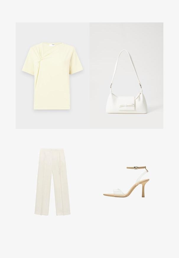 Kratke rokave rumena majica s twistom na sprednji strani, mehka tkanina in sproščen kroj, z asimetričnim oblikovanjem.; Hlače širokih nogavic v svetli kremni barvi. Narejene iz gladkega materiala s plitkimi naborki spredaj in stranskimi žepi.; Sandal z jasnim petnikom s prozornim zgornjim delom, bež podplatom in sivim trakcem okoli gležnja. Ima koničast nos in tanek visoki petek.; Bela sintetična torbica v obliki trikotnika, z ravnim sprednjim poklopcem in detajlom mašne, nastavljivim trakom, gladko teksturo in minimalističnim dizajnom.