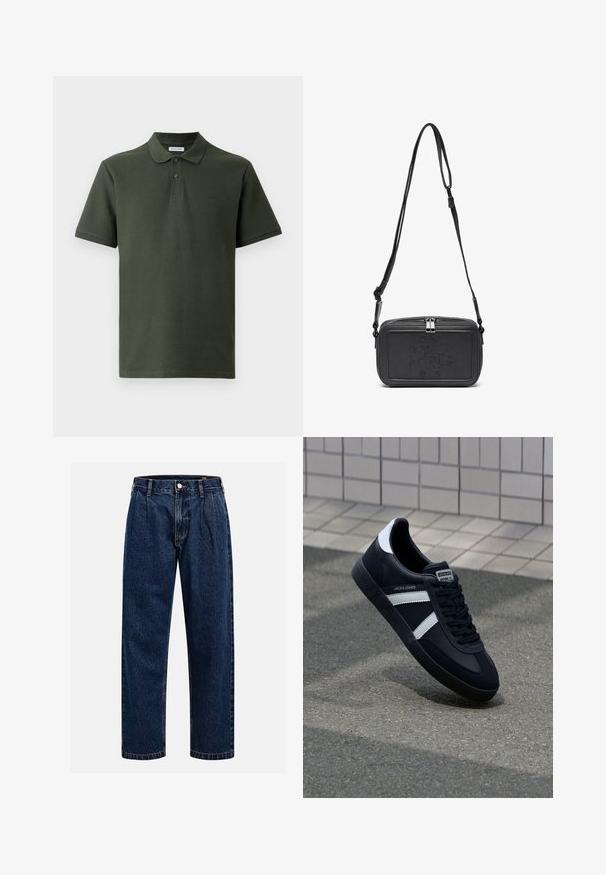 Donkergroene polo met een gestructureerde stof. Voorzien van een kraag, twee knopen en een klein logo op de borst. Korte mouwen.; Donkerblauwe denim jeans met een rechtlopende pasvorm. Beschikt over zichtbare stiksels, een knoopsluiting en voorste plooien voor extra detail.; Zwarte leren sneaker met witte strepen, een gestructureerde rubberen zool en vetersluiting aan de voorkant. Voorzien van een merklabel op de tong.; Zwarte leren schoudertas met een ritssluiting, reliëflogo aan de voorkant en een verstelbare schouderriem. Gladde textuur met een rechthoekige vorm.