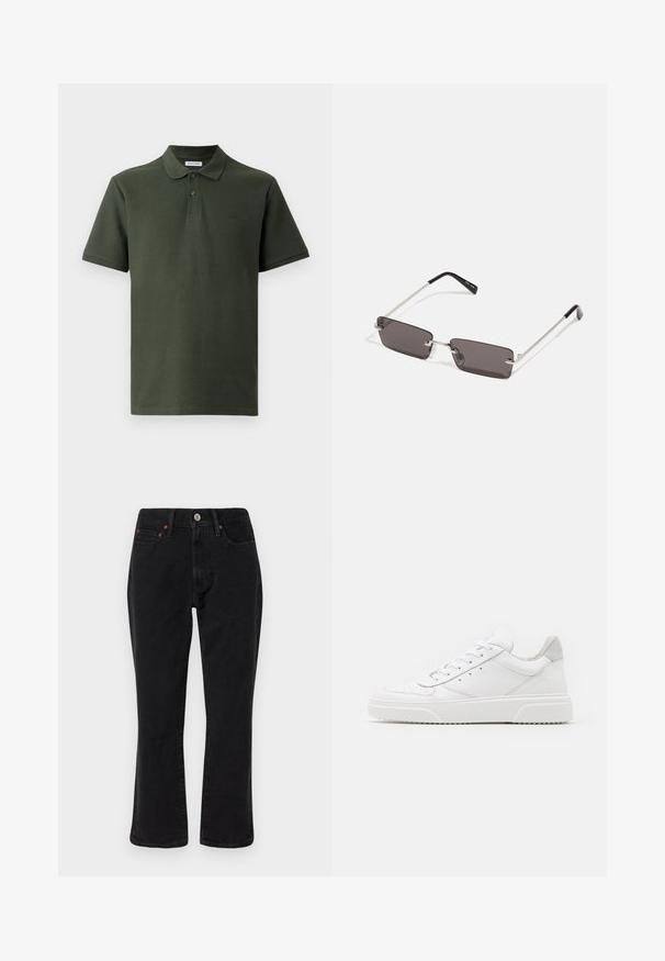 Mørkegrønn polo-skjorte laget av teksturert stoff. Har krage, to knapper og en liten logo på brystet. Korte ermer.; Svarte denimjeans med rette ben, fem lommer, og metallhardware med kobberdetaljer. Glatt tekstur og middelhøy livhøyde.; Hvite skinnsko med en glat overflate, rund tå, flate lisser og teksturert såle. Grå semsket innfelt ved hælen.; Solbriller med rektangulære, mørkegrå linser, sølvfargede metallrammer og svarte plasttupper på armene. Lett design med nesepuder.