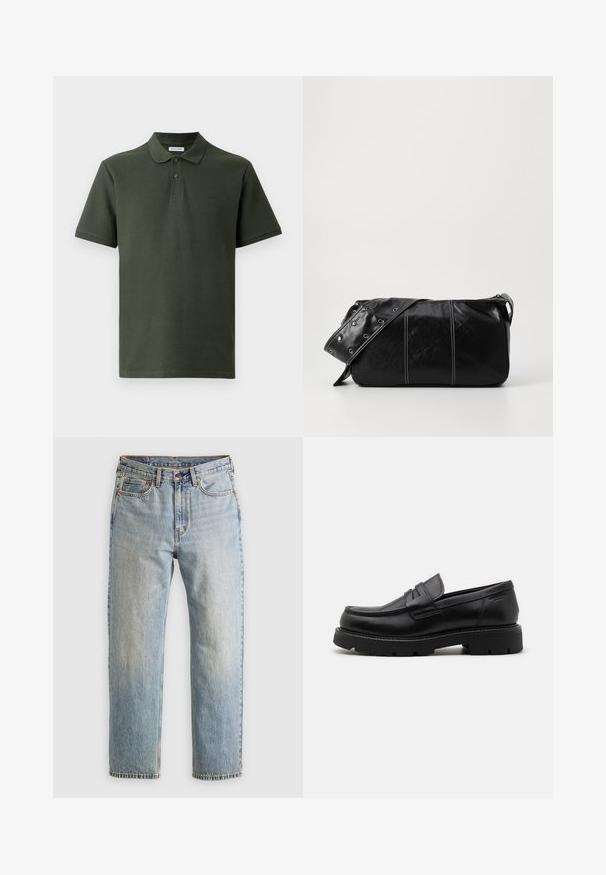 Donkergroene polo met een gestructureerde stof. Voorzien van een kraag, twee knopen en een klein logo op de borst. Korte mouwen.; Lichtblauwe denim jeans met hoge taille, frontknop, rits en vijfzakkenontwerp, plat gelegd op een neutrale achtergrond.; Zwarte leren instappers met een ronde neus, gestructureerde accenten aan de voorkant, en een stevige rubberen zool met sleuven voor grip.; Zwarte leren schoudertas met een ritsluiting, voorzien van een gestructureerd lichaam, witte stiksels en een band met zilveren oogjes.