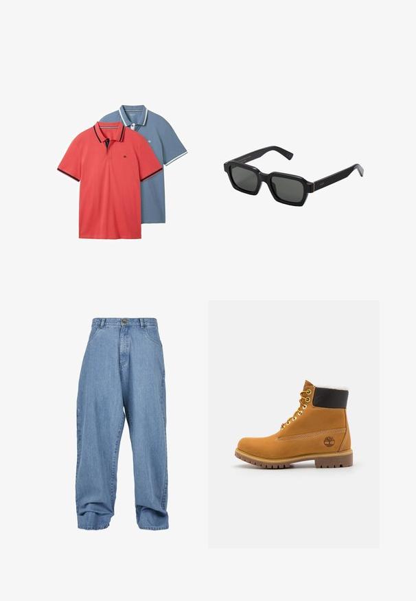 Două tricouri polo: unul corai cu margini închise la culoare și unul albastru deschis cu accente albe. Ambele au mâneci scurte și un guler clasic.; Pantaloni din denim de un albastru deschis, cu o croială lejeră, închidere cu nasture, buzunare frontale și tivuri cu manșete, având un design clasic cu cinci buzunare.; Botină din piele maronie la gleznă, cu ochiuri metalice, căptușeală din blană albă, guler îmblănit negru, talpă robustă și logo embossat pe lateral.; Ochelari de soare negri, de formă pătrată, cu lentile gri. Ramele groase din plastic au accente negre și branding pe braț. Textură netedă.