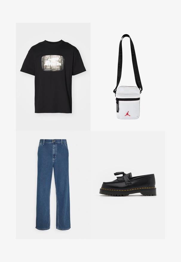 Camiseta negra con un estampado gráfico rectangular en la parte delantera que representa una escena de bosque, con un diseño brumoso y texto en blanco superpuesto.; Vaqueros de mezclilla azul con corte recto, diseño de cinco bolsillos, cierre de botón metálico y costuras visibles a lo largo de las costuras y el dobladillo.; Mocasín de cuero negro con un acento de borlas, que presenta una suela gruesa negra y costuras amarillas a lo largo del borde. Acabado texturizado.; Bolso bandolero blanco con correa negra, que cuenta con un bolsillo frontal con cremallera y el logo de Jordan en rojo. El material parece duradero y tiene una textura suave.