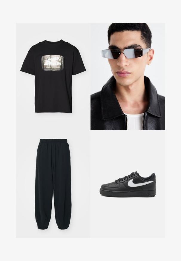 Mustra mustang, kus on esipaneelil ristküliku kujuga graafiline print, mis kujutab metsastseeni, udust disaini ja valget teksti.; Mustade elastse vöökoha ja laia lõikega dressipüksid, mansetiga sääred, sile tekstuur ning ilma nähtavate mustrite või detailideta.; Mustad mustad Nike Air Force 1 tossud, millel on siledast nahast ülemine osa, valge logoga aktsent, aukudega varvas ja tekstuuriga kummitald.; Angular hallikatega tumedad prillid hõbedaste detailidega, heleda tausta ees. Prilliklaasid omavad ainulaadset geomeetrilist kuju.