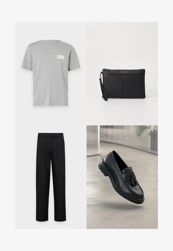Szara bawełniana koszulka z krótkim rękawem, okrągłym dekoltem i białym logo "JACK & JONES" nadrukowanym na lewej stronie klatki piersiowej.; Czarne spodnie wykonane z gładkiego materiału, z prostą nogawką, dwoma fałdami z przodu oraz standardowym paskiem z wypustkami na pasek.; Czarne skórzane mokasyny o gładkim wykończeniu, z dekoracyjnym chwostem, grubą gumową podeszwą i przeszyciami. Lekka i elegancka konstrukcja.; Czarna syntetyczna kopertówka z zamkiem błyskawicznym, paskiem na nadgarstek i gładką teksturą. Posiada subtelne szwy oraz wytłoczone logo z przodu.