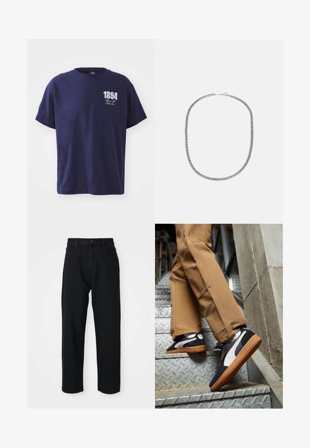 T-shirt in cotone blu navy con maniche corte, scollatura rotonda e una stampa bianca sulla parte anteriore che presenta "1894" e "House of Superbia."; Pantaloni in denim nero con taglio dritto. Presentano un classico design a cinque tasche, chiusura con bottone e una leggera trama del tessuto.; Sneaker in suede nero e grigio con dettagli bianchi e suole in gomma color miele, indossati su pantaloni beige mentre si sale su scale metalliche.; Collana in metallo argentato con spesse maglie intrecciate, finitura lucida e un piccolo gancio con dettaglio del marchio.