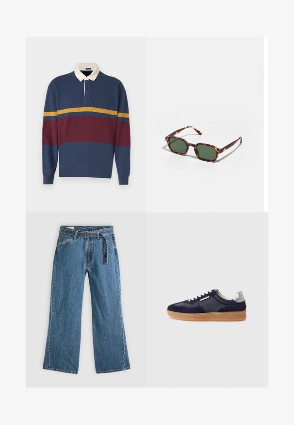 Long-sleeve polo shirt in navy, featuring burgundy and mustard stripes. Contrast white collar with button placket. Soft cotton fabric.; Blue denim wide-leg jeans with attached belt, front pockets, and visible stitching on a plain light background.; Navy suede and leather sneaker with a gum sole, white laces, and a silver accent on the heel. Low-top design with textured details.; Tortoiseshell sunglasses with green lenses, featuring an octagonal shape and slim, curved arms. Material has a glossy finish.; Denim tote bag in dark blue with two handles, visible stitching, and a front pocket featuring a classic logo patch.