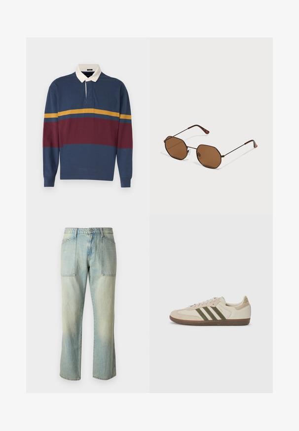 Langarm polo shirt in marineblauw, met bordeauxrode en mosterdgele strepen. Contrasterende witte kraag met knoopsluiting. Zacht katoenen stof.; Lichtblauwe denim jeans met een rechte pijp, zichtbare stiksels en twee grote voorkruiden. De stof heeft een vervaagd uiterlijk.; adidas Originals SAMBA OG UNISEX - Sneakers laag - alumina/medium dark khaki/gum; Bruine octagonale zonnebril met dunne donkere metalen monturen, verstelbare neuspads en bruin getinte lenzen; de pootjes hebben een oranje accent.
