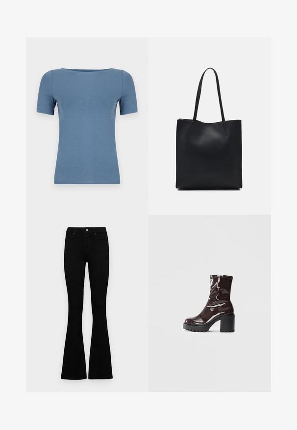 T-shirt azul de manga curta com decote redondo. Feito de um tecido suave, apresenta um design ajustado e uma textura lisa.; Jeans pretos de cintura alta com fecho de botão e zíper, bolsos frontais e pernas largas dispostos em cima de um fundo branco.; Bota de tornozelo burgundy brilhante com um salto preto robusto, apresentando uma textura suave e um design simples. Sem fechos ou padrões visíveis.; Bolsa tote preta em couro com textura lisa, forma retangular e duas alças longas. Sem hardware ou enfeites visíveis.