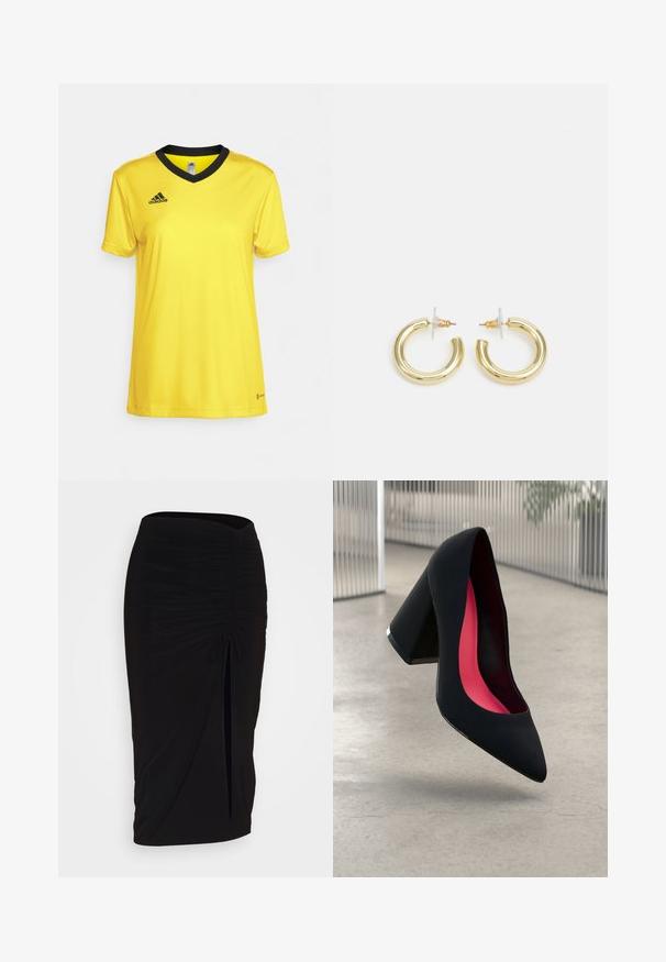Žuta atletska majica izrađena od glatkog materijala, sa crnim V-izrezom i kratkim rukavima. Adidas logo prikazan u crnoj boji.; Crna, nabrana suknja olovka s detaljem vezanja i bočnim prorezom. Izrađena od rastezljivog materijala, s glatkom teksturom i prilagođenim dizajnom.; Crna visoka potpetica s oštrim vrhom, teksturiranom površinom i živopisnom ružičastom unutrašnjošću. Ima masivnu potpeticu s srebrnim detaljem.; Zlatne kružne naušnice s glatkom, sjajnom završnom obradom. Kružni dizajn s malom potporom i prozirnom podlogom za sigurno nošenje.