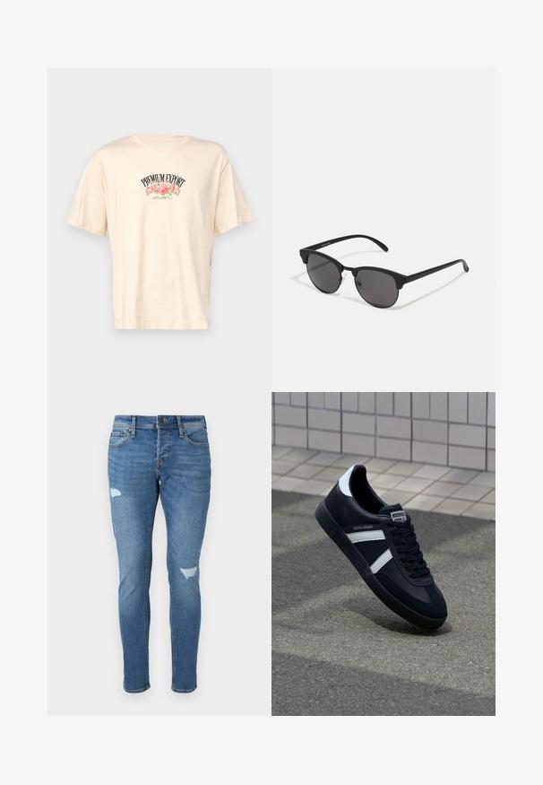 Jack & Jones JORHEAVEN TEE CREW NECK - T-shirts print - buttercream; Fadede blå denim jeans med slim fit, der har slidte områder ved knæene, en knaplukning og fem-lomme design.; Sort lædersneaker med hvide striber, tekstureret gummisål og snørrebånd foran. Har et brandet mærke på tungen.; Sorte solbriller med runde linser, mat finish og karakteristisk katteøje-form. Slanke arme med subtil branding på venstre stel.
