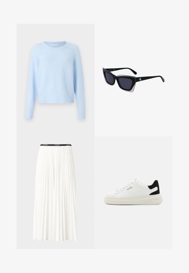 Světle modrý svetr z měkké tkaniny, s kulatým výstřihem, dlouhými raglánovými rukávy a ribovanými manžetami a lemem pro uvolněný střih.; Záhybová bílá sukně s černým elastickým pasem s logem "LACOSTE". Suška je střední délky a má jemnou texturu.; Bílé kožené tenisky s tlustou bílou podrážkou, černým semišovým akcentem na patě a vyraženým logem na boku. Šněrovací design se šesti očka.; Černé oversized sluneční brýle geometrického tvaru, s tmavými skly a kontrastním šedým detailem na rámu. Logo na rameni.