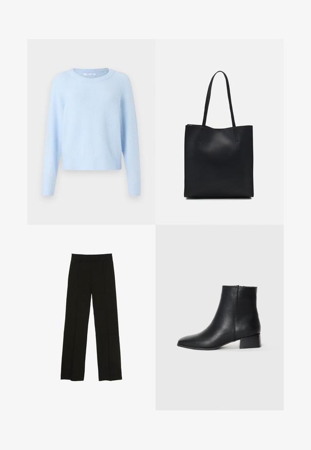 Lyseblå sweater lavet af blødt stof, med en rund halsudskæring, lange raglanærmer samt ribkanter og -slutninger for en afslappet pasform.; Sorte brede bukser lavet af et glat stof, med en tætsiddende talje og subtile frontfolder for ekstra tekstur.; Sorte læder ankelstøvle med spidse tæer og en lav blokhæl, der har en glat tekstur og minimalistisk design.; Sort læder tote taske med glat tekstur, rektangulær form og to lange hanke. Ingen synlig hardware eller udsmykninger.