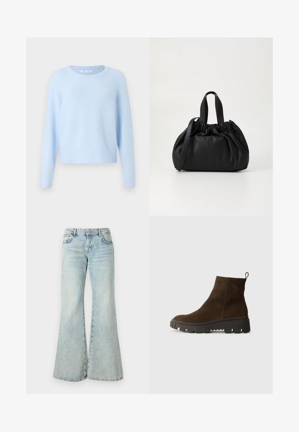 Light blue sweater made of soft fabric, featuring a crew neck, long raglan sleeves, and ribbed cuffs and hem for a relaxed fit.; Light blue flared jeans made from denim, featuring a high waist, pockets, and frayed hems. The fabric displays a faded wash and subtle texture.; Brown suede ankle boot with a chunky black rubber sole, featuring a slight heel and a pull tab at the back for easy wear.; Black leather handbag with a gathered top design, featuring two short handles and a long adjustable strap. Smooth texture, rounded shape.