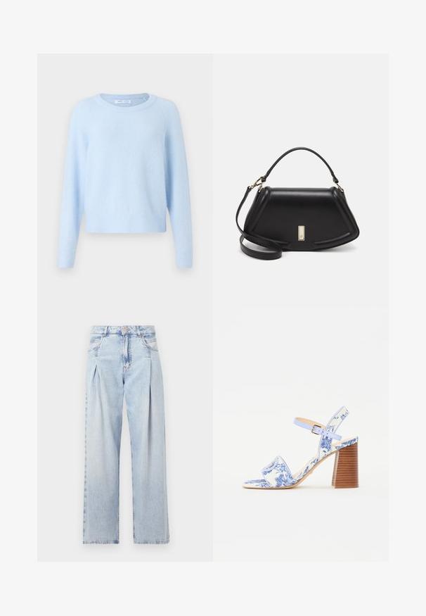 Lichtblauwe trui van zacht materiaal, met een ronde hals, lange raglanmouwen en geribbelde boorden en onderrand voor een ontspannen pasvorm.; Lichtblauwe denim jeans met een hoge taille, wijde pijpen, twee zijzakken en geplooid ontwerp. Zachte textuur met een vervaagd uiterlijk.; Blauw bloemenpatroon sandaal met een vierkante neus, een brede band en een verstelbare enkelband, met een getextureerde houten blokhak.; Zwarte leren handtas met een gestructureerd ontwerp, featuring een verkorte vorm, bovenhandvat en gouden hardwareaccent. Inclusief verstelbare schouderband.