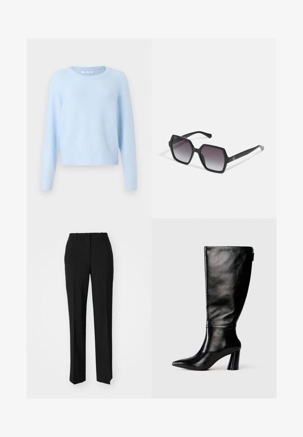 Világoskék pulóver, puha anyagból készült, kerek nyakkivágással, hosszú raglánujjakkal, valamint bordázott mandzsettákkal és alsó szegéllyel a laza illeszkedés érdekében.; Fekete, testhezálló nadrág egyenes szárú kivitelben, sima textúrával és éles redőkkel az elején. Nincs látható fémalkatrész.; Térd fölé érő fekete bőr csizma hegyes orral, sima felülettel és vastag sarkal. A hátsó részen cipzár részlet található.; Fekete, hatszögletű napszemüveg, fokozatosan sötétedő lencsékkel, fényes felülettel és diszkrét logóval a szárán. Tartós műanyagból készült.