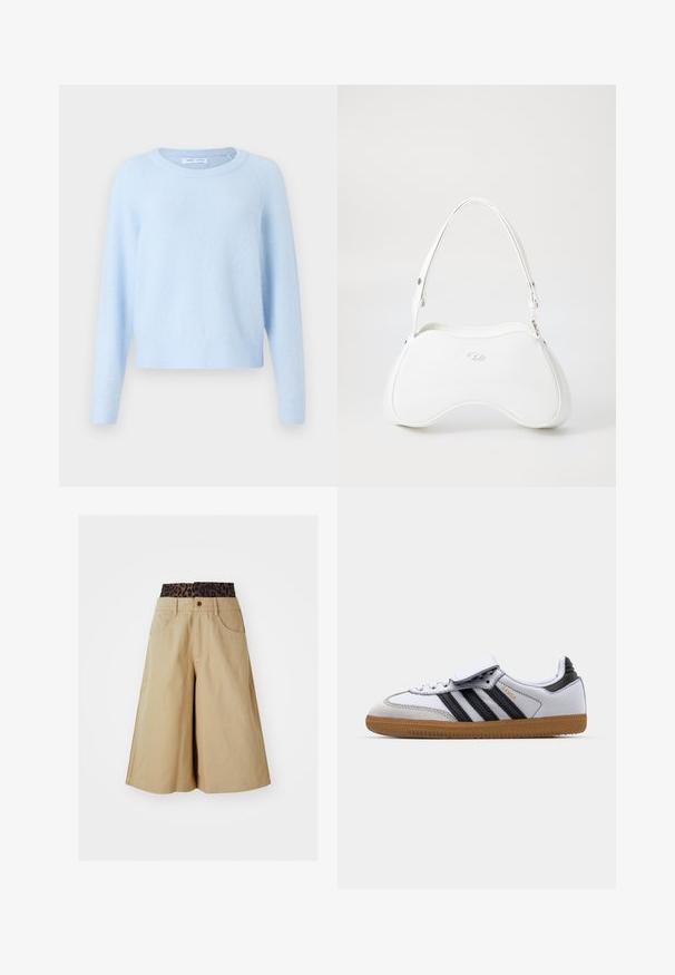 Svetlo modrý sveter z jemného materiálu, s okrúhlym výstrihom, dlhými raglánovými rukávmi a rebrovanými manžetami a spodným lemom pre pohodlný strih.; Khaki šortky s širokým strihom a pásom so leopardím vzorom. Majú predné vrecká a zapínanie na gombík. Hladká, textúrovaná tkanina.; Biele kožené tenisky s čiernymi pruhmi a šedými akcentmi, s okrúhlou špičkou a gumovou podrážkou. Zapínanie na suchý zips a šnúrky.; Biela kabelka s hladkým, lesklým povrchom, zakriveným tvarom a jedným nastaviteľným popruhom. Na prednej strane je vyrazené logo.