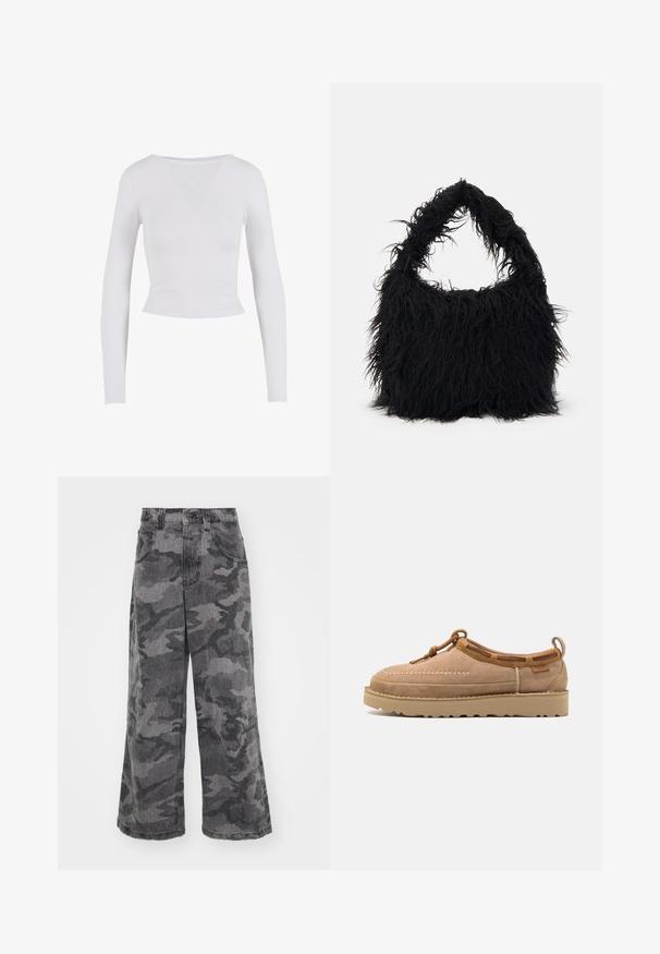 Bela dolgi rokav krojeni top z okroglo izreznico, narejen iz gladkega, elastičnega materiala, s prilegajočim dizajnom in brez vidnih zapenjanj.; Široke hlače za prosti čas v kamuflažni vzorcu v odtenkih sive barve, izdelane iz denima, z dvema stranskima žepoma in obliko visokega struka. Tekstilirana tkanina s potiskanim vzorcem.; Svetlo rjave semiš natikače z zaobljenim nosom, opremljene z okrasnim šivanjem, usnjenimi detajli in gumijastim podplatom.; Even&Odd Torba za nakupovanje - black