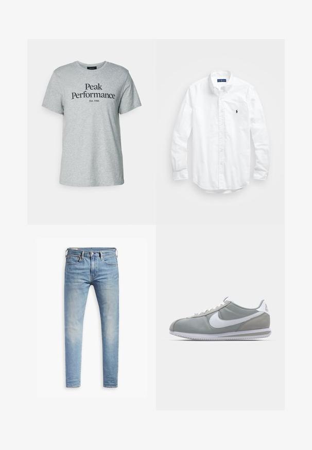 Grå bomulls t-shirt med kort ärm och rund halsringning, med svart text som säger "Peak Performance Est. 1986" över framsidan.; Vit långärmad skjorta i bomull med knappar. Har en klassisk krage, knappmanchetter och en liten broderad logotyp i marinblått på bröstet.; Ljust blå smala jeans med lätt blekning på låren, framknäppning, bältesslingor och fem fickor på en vit bakgrund.; Grå idrottssko med ovandel i mocka och textil, vit Nike-swoosh och vita snören. Har en texturerad gummisula och vadderad krage.