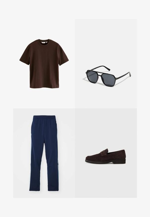 Next HEAVYWEIGHT - Pamata T-krekls - mottled brown; Jūras spēku treniņbikses, kas izgatavotas no stiept auduma, ar plašu elastīgu jostasvietu, taisnu piegriezumu un gaišiem sānu paneļiem ar logotipiem.; Brūni zamšaini loferi ar zemu profilu un apaļu purngalu. Iespējo dekoratīva josta pāri augšdaļai, plakana gumijas zole un nav redzama šuvuma.; Melnas saules brilles ar astoņstūra rāmī, tumšiem stikliem, spīdīgu apdari, plānām kājām un zelta akcentiem priekšpusē.