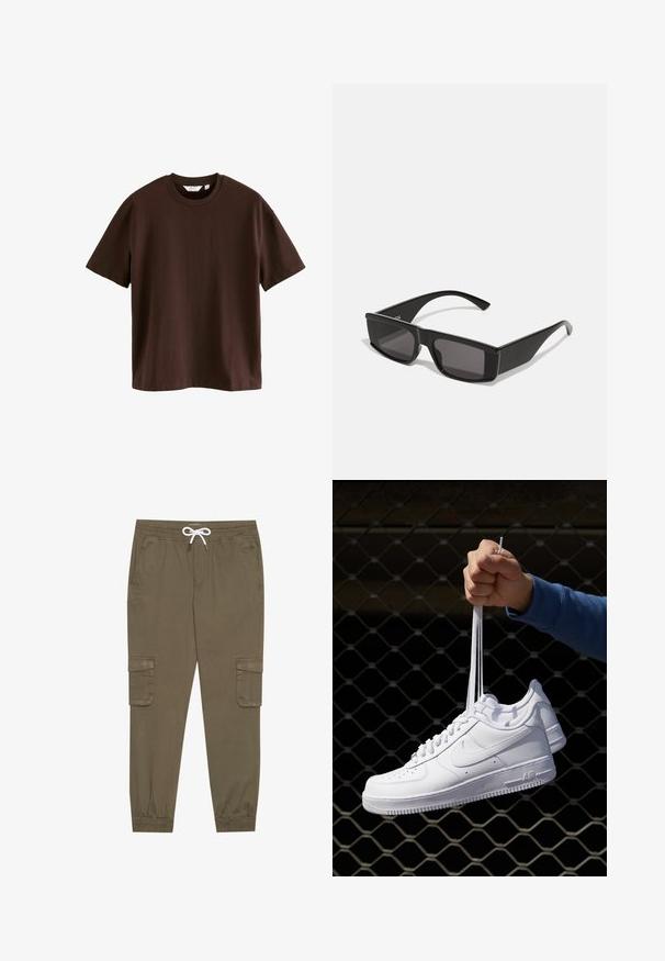 Next HEAVYWEIGHT - Paprasti marškinėliai - mottled brown; Khaki krovinių kelnės su elastingu juosmeniu ir užtrauktuku, su šoninėmis kišenėmis ir sutrauktomis kulkšnėmis. Pagamintos iš tekstūruotos, lengvos medžiagos.; Balti odiniai sportiniai bateliai su perforacijomis, apvalia nosimi, plokščiu padu ir storomis raištelėmis, su matomu swoosh logotipu ir "AIR" ant kulno.; Juodos saulės akinių rėmeliai su stačiakampiais rėmais ir tamsiais objektyvais. Pagaminti iš blizgaus plastiko, pasižymi kampuotu dizainu ir plonomis kojelėmis.