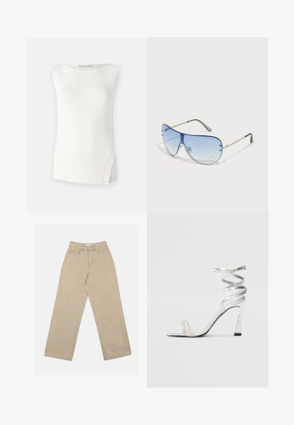 Valge ilma varrukateta topp, mis on valmistatud soonikkoes riidest, ümmarguse kaelusega ning vasakul küljeõmblusel on detailina väikesed nööbid.; Bežid laiad püksid, mis on valmistatud denimist, kõrge vöökoha, ees olevate taskute ja kontrastsete õmblustega. Kujunduses on ka nupplukke.; Hõbedased kõrge kontsaga sandaalid läikiva rihma disainiga, millel on pärlilaadne aktsent ja keerduv pahkluu rihm turvaliseks sobivuseks.; Aviatori prillid, millel on gradient sinine objektiiv, hõbedane metallraam ja dekoratiivsed staaraktsendid objektiivil. Sujuv ja stiilne disain.