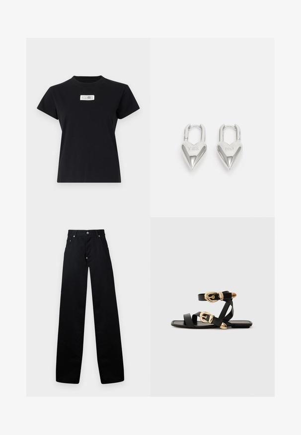 Juodas medvilnės marškinėliai su apvaliu kaklu ir trumpomis rankovėmis. Priekyje yra balta etiketė su spausdintais skaičiais ir apvaliu logotipu.; Juoda plačių kojų kelnės, pagamintos iš medvilnės, su užtrauktuku, dviem priekinėmis kišenėmis ir klasikinio penkių kišenių dizainu su metalinėmis detalėmis.; Juodos odinės šlepetės su auksiniais sagtelėmis, turinčios daugybę dirželių ir plokščią padą, skirtos atviriems pirštams.; Sidabrinės širdelės formos užraktai su išgraviruotais žodžiais "TAIP" ir "NE", poliruotas paviršius, simetriškas dizainas ir tvirtas metalinis užraktas.