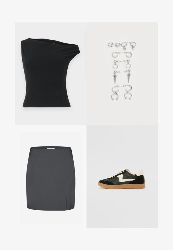 Black one-shoulder top made from smooth, stretchy fabric. Features a fitted silhouette and asymmetrical neckline with a clean hem.; Envii SPLIT - Pencil skirt - grey; Black suede and leather sneaker with a cream side swoosh and light cream heel. Features beige laces and a gum rubber outsole.; Set of silver earrings featuring various designs: hoops, studs, and dangling styles, with ball accents and pointed elements.
