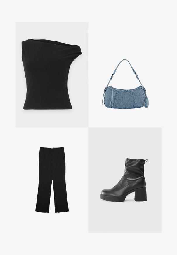 Čierny top na jedno rameno vyrobený z hladkej, elastickej tkaniny. Má priliehavý strih a asymetrický výstrih s čistým lemom.; Čierne nohavice so strihom rovného strihu, s prednými vreckami a bočnými rozparkami na leme. Vyrobené z mäkkej, hladkej tkaniny. Vhodné na rôzne príležitosti.; Čierne členkové topánky z hladkej kože, so bočným zipsom, robustnou textúrovanou pätnou časťou a zaobleným dizajnom špičky.; Džínová kabelka s zakriveným tvarom, svetlomodrej farby, so nastaviteľným popruhom na rameno a malým odnímateľným vreckom s kovovými detailmi.