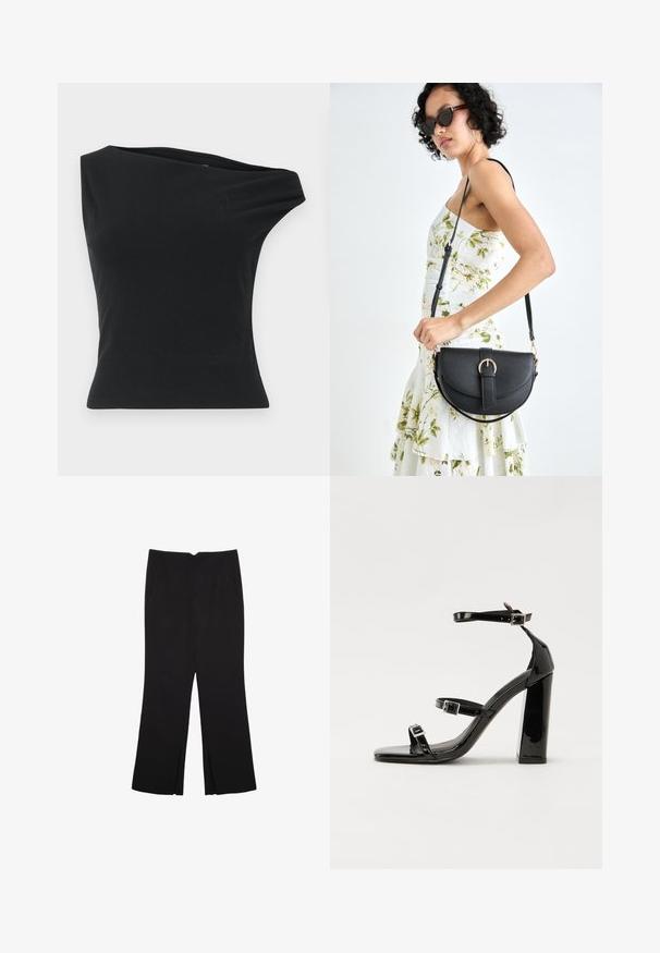 Musta yhden olkapään toppi, joka on valmistettu sileästä ja joustavasta kankaasta. Ominaisuuksiin kuuluu tukevasti istuva siluetti ja epäsymmetrinen kaula-aukko, jossa on siisti helma.; Mustat housut suoralinjaisella leikkauksella, joissa on etutaskut ja sivurei'ät helman alla. Valmistettu pehmeästä ja sileästä kankaasta. Sopii eri tilaisuuksiin.; Musta kiiltävä korkokenkä sandaalit neliönmuotoisella varpaalla, nilkkaremmillä ja hopeisilla soljilla. Varustettu tukevalla lohkokorkealla vakauden takaamiseksi.; Musta nahkainen käsilaukku, joka on kaareva muotoilultaan, irrotettavalla hihnalla ja kultaisilla yksityiskohdilla. Laukussa on läppä, jossa on solk yksityiskohta.