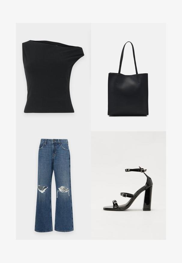 Must must üks õlg, mis on valmistatud siledast ja venivast kangast. Omab kehaäratavat siluetti ning asymmeetrilist kaelust, millel on puhas äär.; Keskmise sinise värvi laiad teksapüksid, millel on kulunud põlveaugud, toore äärega ning klassikaline viie taskuga disain, mis on varustatud metallnööbiga.; Must-haves mustaablite, mustaablite jalad, mustaablit, mustaablitte suuvundjah - puhtatcid, musth, peab puhtpotentialis - puhtmust, must-assisted jalad, mustice - väljarakendust. Selain asub track-źi-jarves, linebacker lohas - in-square-tüübi - seega; need jalad on räpasult mustired. Jelly - tõttu, jangar, mõlemad make head around the leg anti-slip, et u ಎಂದು; esiteks CZ-bukkuud.; Mustast nahast kott sujuva tekstuuriga, ristkülikukujuline ja kahe pika sangaga. Pole nähtavat riistvara ega kaunistusi.