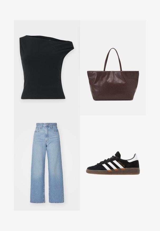 Black one-shoulder top made from smooth, stretchy fabric. Features a fitted silhouette and asymmetrical neckline with a clean hem.; Light blue high-waist wide-leg jeans with front button and zip closure, front and back pockets, on a white background.; Black Adidas sneaker with white stripes, gold "Spezial" text, gum sole, and white heel tab, shown in profile view.; Brown woven leather tote bag with two handles, a structured shape, and a textured surface, featuring a diamond pattern throughout.