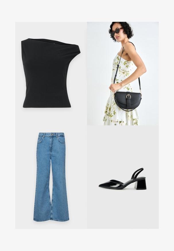 Black one-shoulder top made from smooth, stretchy fabric. Features a fitted silhouette and asymmetrical neckline with a clean hem.; Light blue flared jeans made of denim, featuring a high waist, five pockets, and a single button closure. Soft texture with faded finish.; Black patent leather slingback heels with a pointed toe and a geometric block heel. Features a sleek, minimal design and smooth texture.; Black leather handbag with a curved shape, detachable strap, and gold hardware. The bag features a flap with a buckle detail.